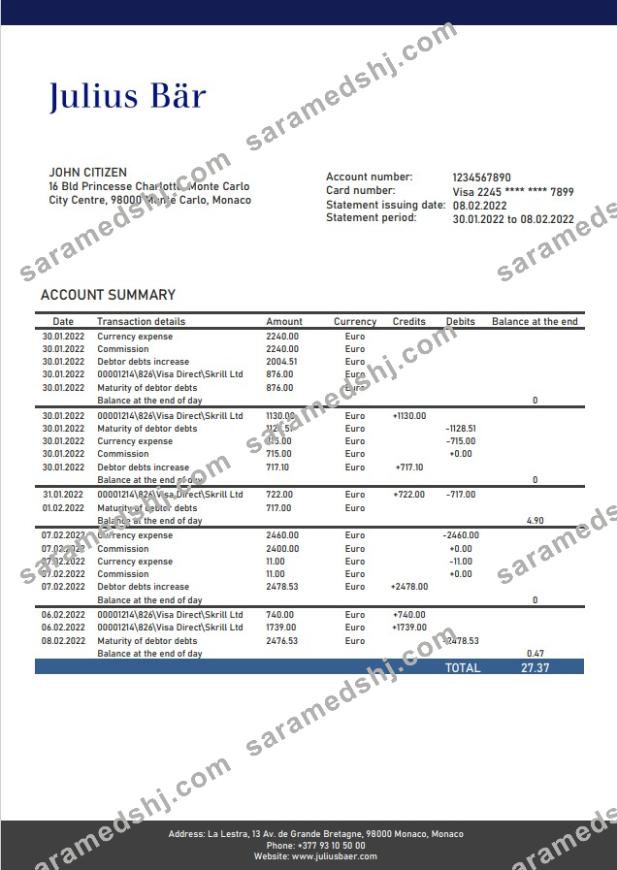 Monaco Julius Bar bank statement